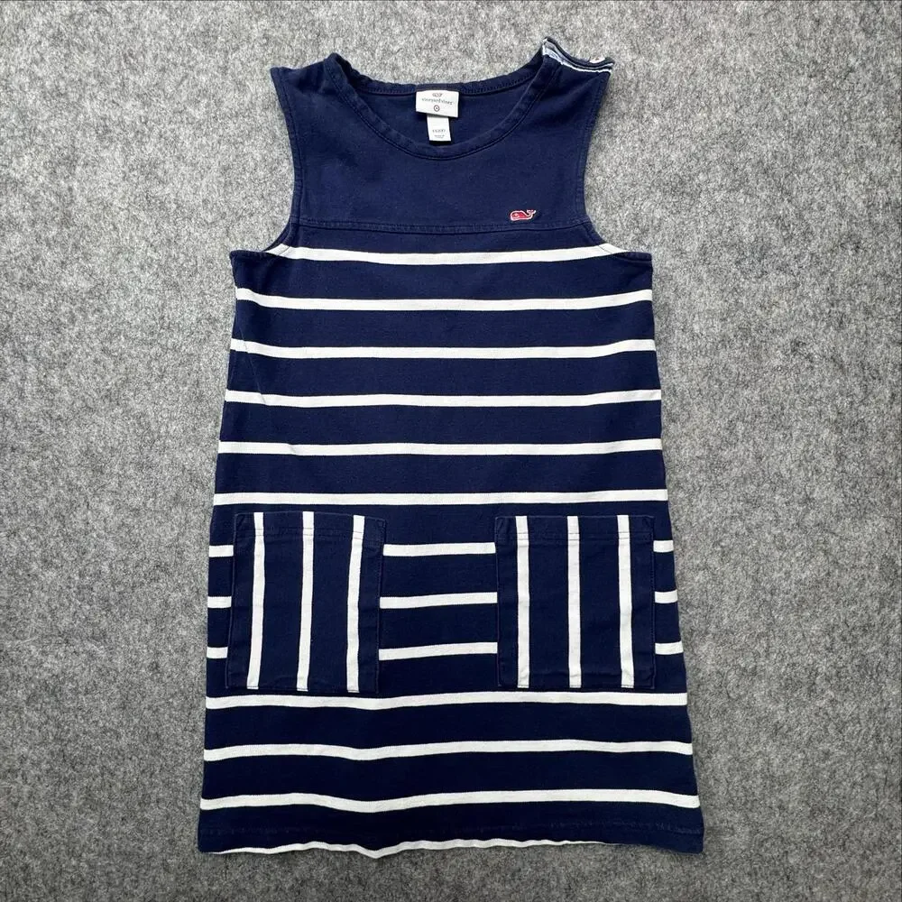 Vineyard Vines Dress Girls 6/6X Blue Striped Sleeveless Shift Pockets Whale Logo